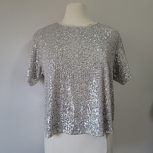 Every Shimmering Silver Sequin Short Sleeve Top Size L